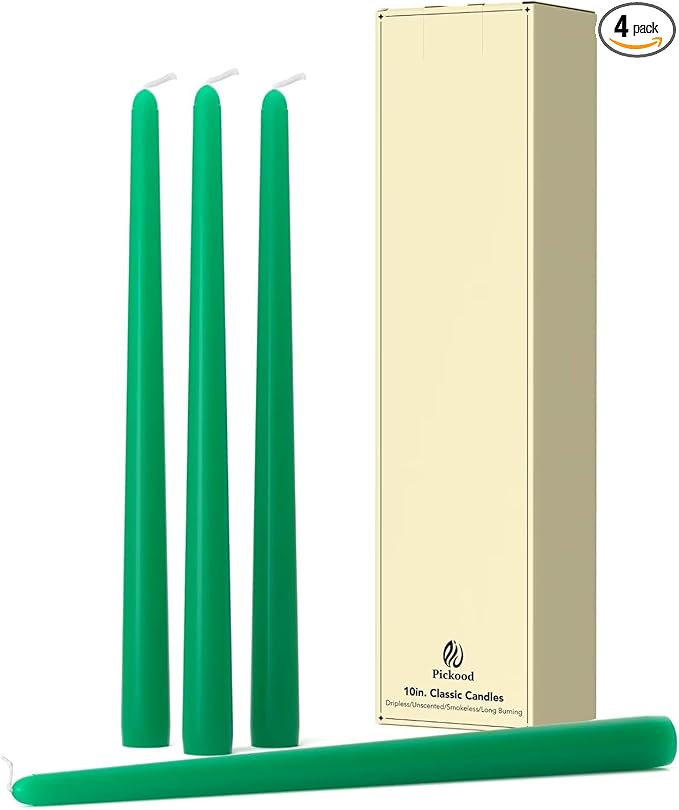 10-Inch Tall Dripless Taper Candles Set of 4 - Emerald Tapered Candles, Perfect for Spring - Smokeless, Unscented, Long Burning - Hand Poured, Colored Tall Candlesticks - Jade