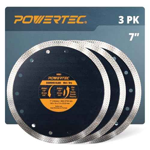 POWERTEC 7 Inch Diamond Saw Blades for Wet Tile Saw 3 Pack, Super Thin Turbo Mesh Rim Tile Blades for Cutting Porcelain, Granite Tile & Ceramic Tile, 7" Diamond Blades (14001-P3)
