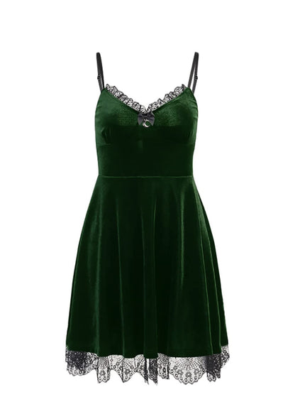 Summer Gothic Dress Women Sexy Lace Velvet Retro Harajuku High Waist Green Dresses