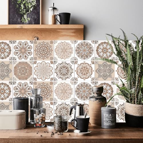 24PCS Mandala Tile Stickers Set, Peel and Stick Wall Tile Wall Decor for Home Bathroom Kitchen,Wall Sticker Backsplash Waterproof PVC Decoration Stickers, 4x4 Inch (Brown)