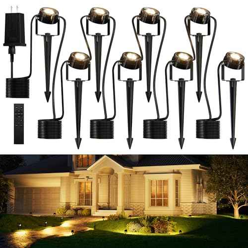 JACKYLED 8-Light LED Low Voltage Landscape Lighting, 9W Outdoor Spot Lights with Adapter, 3000K Warm White, ON/Off Timer, IP65 Waterproof Spotlights with Spiked Stand for Pathway, Patio, Tree, 63FT