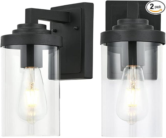 Outdoor Indoor Wall Sconce Set of 2, Modern Exterior Wall Lantern with Clear Glass, Black Outside Lighting Wall Mount for Porch Patio Bathroom Vanity