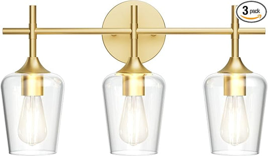 Ralbay Gold Bathroom Vanity Light 3-Lights Vintage Gold Vanity Lights Wall Lighting Clear Glass Gold Bathroom Light Fixtures Over Mirror