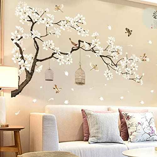 Large White Flower Wall Stickers, 50"x74" Removable DIY Romantic Cherry Blossom Tree Wall Murals Peel and Stick 3D Wall Art Stickers Home Decor for Gilrs Bedroom Nursery Rooms Living Room