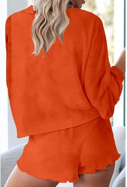 Halloween Pjs Womens Ruffle Long Sleeve Tops and Short Sets Pumpkin Halloween Pajamas BP L