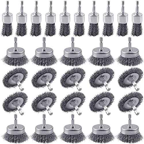30 Pack Carbon Steel Wire Wheel Brush, Rocaris Cup Brush, Wheel Brush, Pen Brush Set with 1/4-Inch Hex Shank for Rust Removal, Corrosion and Scrub Surfaces