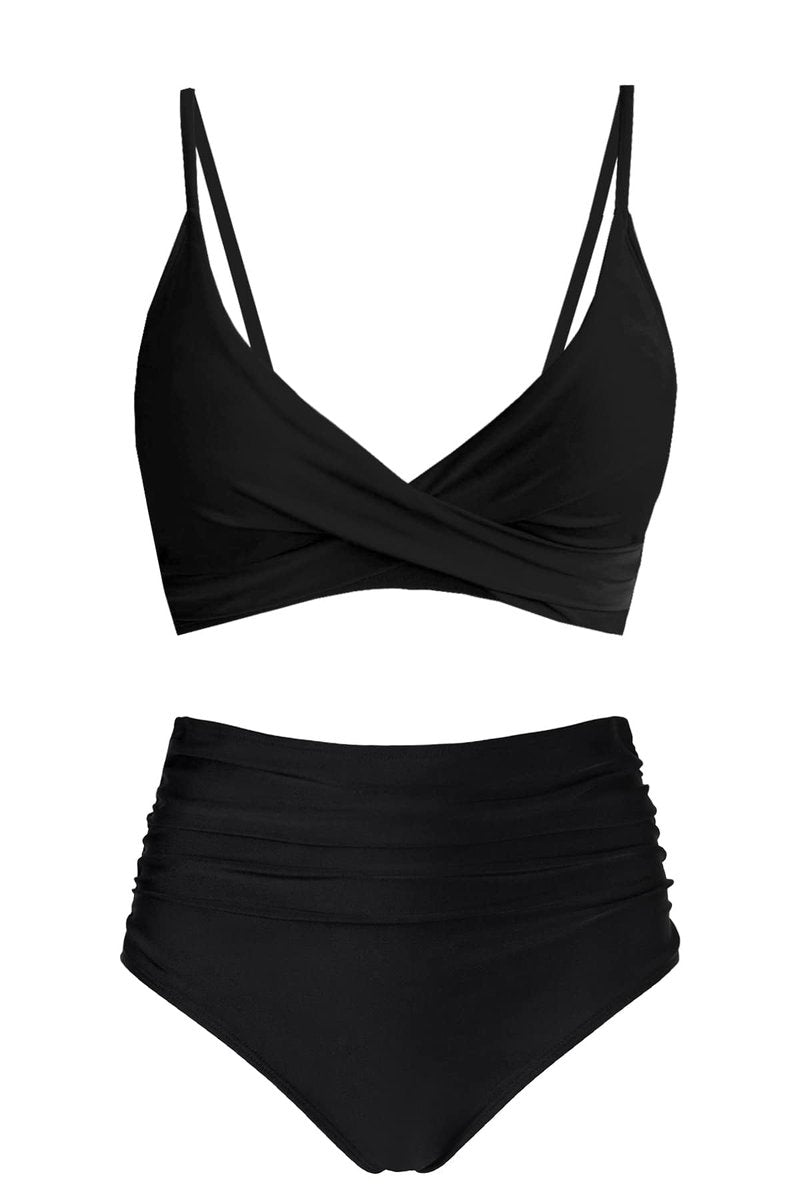 Amy Babe Women's High Waisted Bikini Sets Push Up Twist Front Spaghetti Straps Ruched Two Piece Swimsuit Bathing Suit Black (Medium)