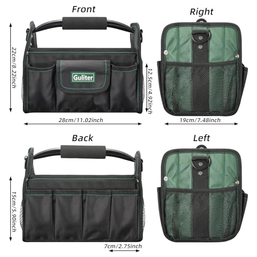 11 Inch Small Tool Bag, Open Top Tool Tote with Stainless Steel Handle and Adjustable Shoulder Strap,21 Pockets Electrician Tool Bags,Black/Green