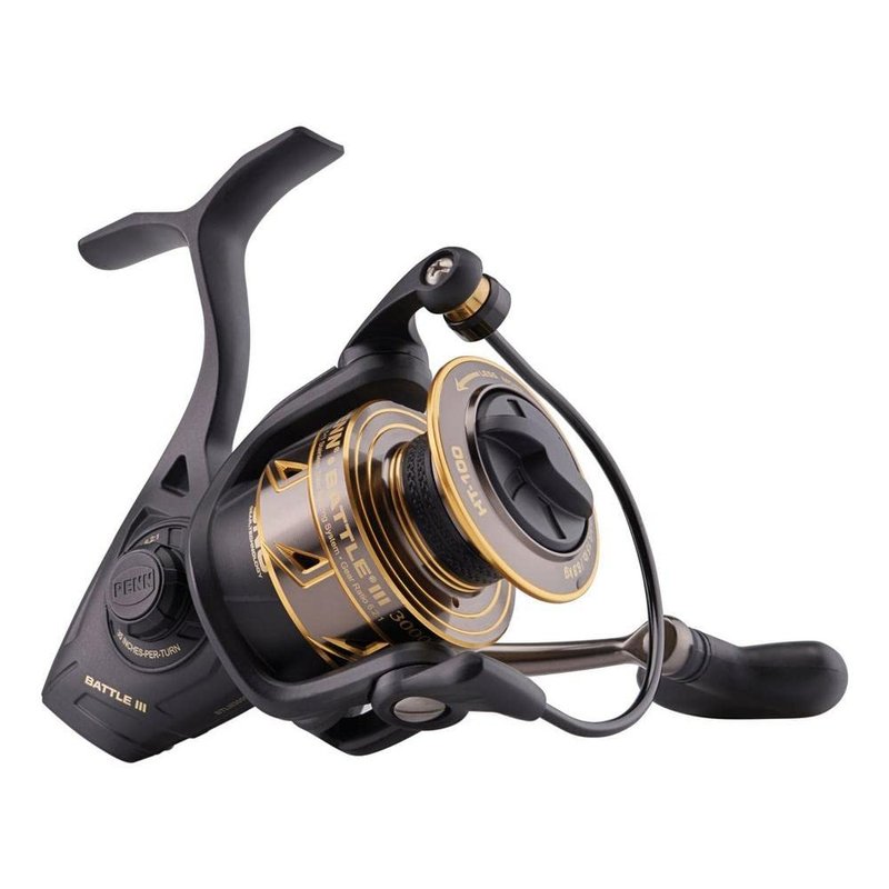 PENN Battle III Spinning Inshore Fishing Reel, HT-100 Front Drag, max of 12lb | 6kg, Made with Sturdy All-Aluminum Composition for Durability, Black Gold
