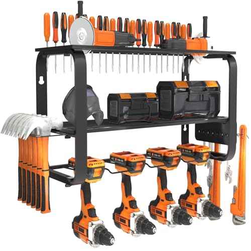 Zhirxo Power Tool Organizer Wall Mount - 3 Layers Cordless Tool Storage Rack with 4 Drill Holders - 4 Slot Matte Black Metal Workshop Garage Tool Organizer Shelf - 200-Lbs Load Capacity