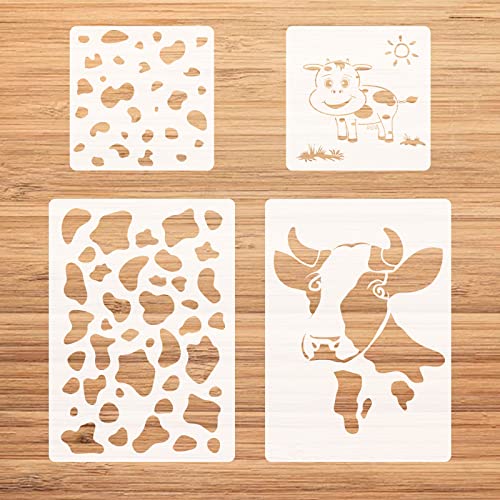 Cow Stencils, 4 Packs Farm Cow Print Stencil for Painting Animal Plastic Stencils ReusableTemplates for Painting on Wood Canvas Paper Fabric Floor Wall Tile DIY Crafts Decor