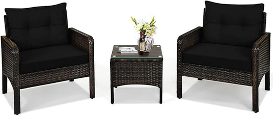 HAPPYGRILL 3 Pieces Patio Conversation Set Outdoor Rattan Wicker Furniture Set with Coffee Table & Chairs Patio Bistro with Seat Cushions for Garden Balcony Backyard Poolside