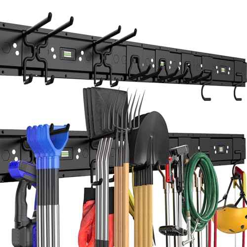 Garage Tool Organizer Wall Mounted, 48 Inches Adjustable Lawn Tool Organizers for Garage, 7 Adjustable Wall Hooks Heavy Duty Yard Tool Organizer Hold Up to 600lbs