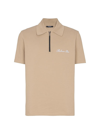 Balmain, Logo-Embroidered Cotton Quarter-Zip Polo Shirt, Small, Camel Blanc