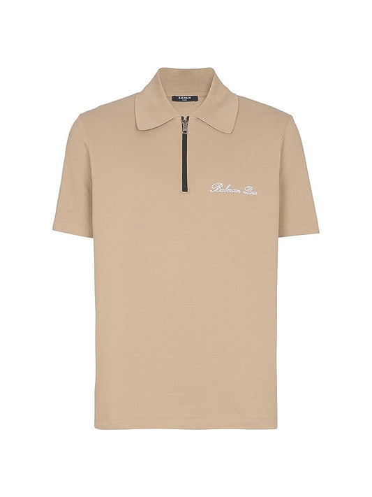Balmain, Logo-Embroidered Cotton Quarter-Zip Polo Shirt, Small, Camel Blanc