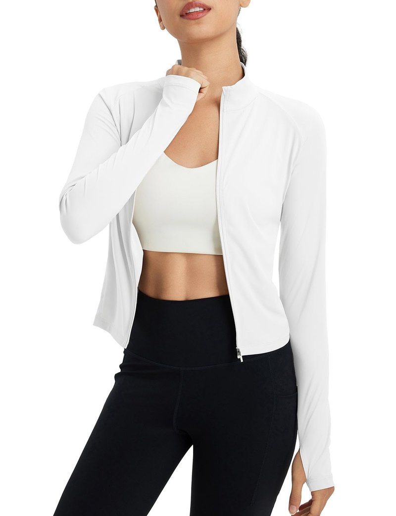 baleaf Women's UPF 50+ Sun Crop Shirt with Pockets Full Zip Cooling Quick Dry Long Sleeve Jacket for Golf Hiking Ultra White L