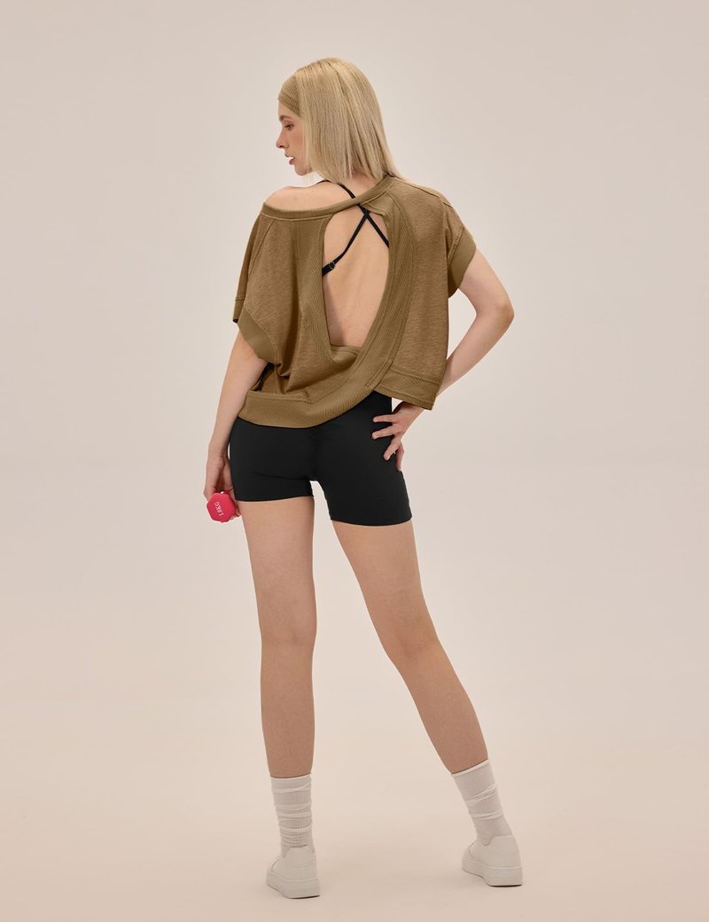 UNIANKIYA Open Back Workout Tops for Women Loose Fit Athletic Crop Tee Short Sleeve Gym Running Yoga Shirt Brown