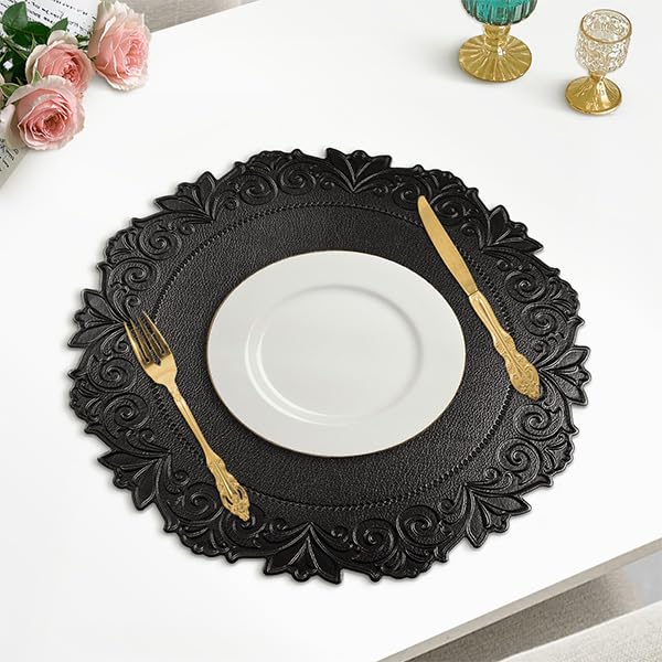 Noctiflorous Round Faux Leather 15 Inch Placemats Set of 6 Waterproof Wipeable Heat Resistant Tablemat for Dining Table Kitchen Non Slip Washable Oilproof Table Place Mat for Indoor Outdoor(Black, 6)