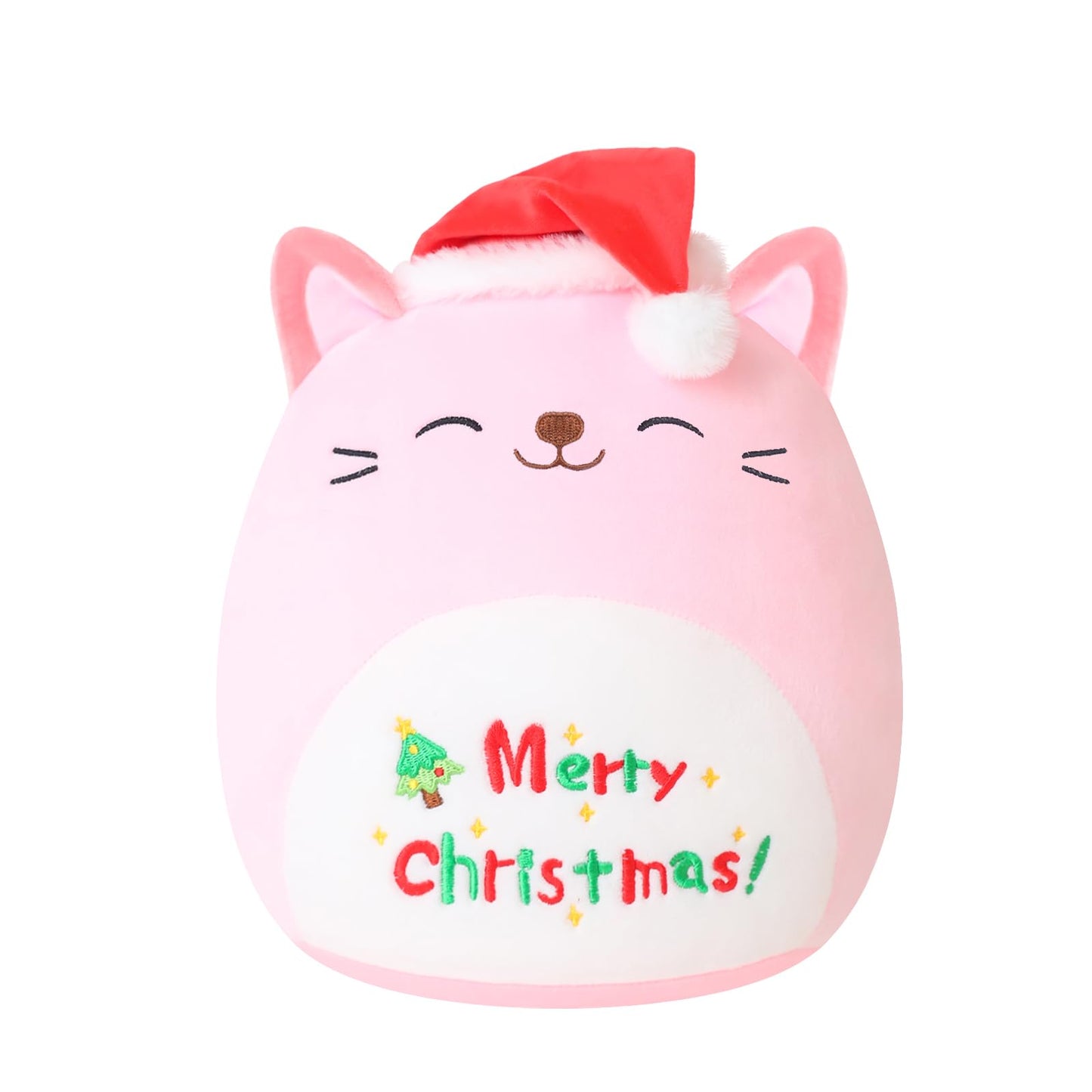 SQEQE Christmas Cat Stuffed Animal Pink Cat Plush Wearing Red Hat Kawaii Plushie Toys Soft Home Plushie Decoration Gifts for Boys Girls (Caticorn, 10 Inch)