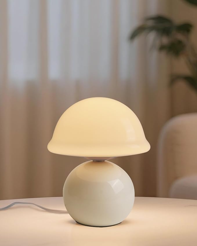 Mushroom Lamp Bedside Table Lamp for Bedroom, Cute Small Lamps with Glass Lampshade, Nightstand Lamp with Dimmer for Living Room Kitchen Apartments Offices Desk Shelves (White)
