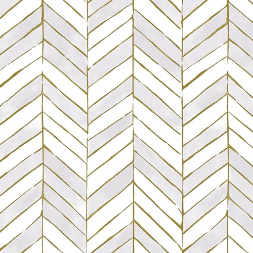 Gold and Light Gray Peel and Stick Wallpaper, Modern Geometric Contact Paper 17.3''x78.7'', Removable Herringbone Wallpaper, Geometric Striped Contact Paper Self-Adhesive for Cabinets