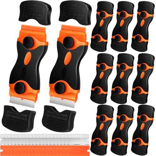 WILLBOND 72 Pcs Double Razor Blade Scraper Tool Set 12 Pcs 2 in 1 Razor Scraper Remover 60 Pcs Metal and Plastic Blades for Decal, Sticker, Label, Caulk Adhesive, Paint Stovetop, Subfloor (Orange)