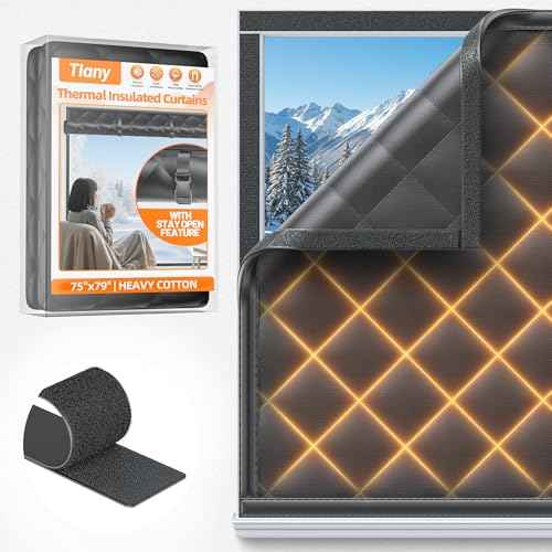 Window Insulation Kit for Winter 75"x79" Cold Weather Thermal Curtain with Heavy Cotton, Insulated Window Cover for Winter & Windows Draft Blocker for Winterizing Windows in Home RV Basement?Black
