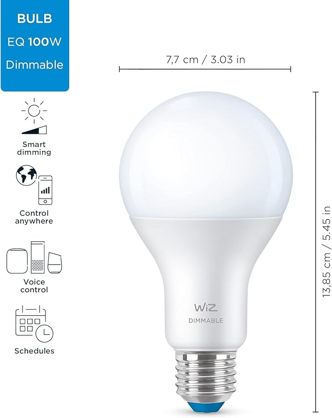 WiZ 100W Eq. (14.5W) A21 Daylight (5000K) LED Smart Bulb - Pack of 3 - 1600 Lumen- E26 - Indoor - Connects to Your Existing Wi-Fi - Control with Voice or App - Activate with Motion - Matter Compatible