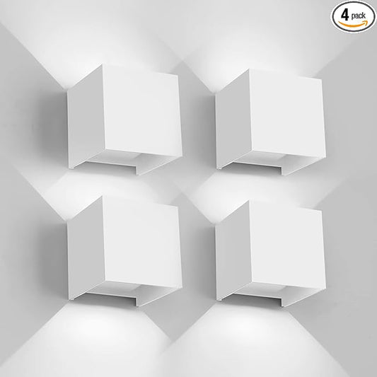 12W 4Pack Outdoor Wall Lights Exterior/Interior,LED White Outdoor Wall Sconces Light Fixtures Modern,IP65 Waterproof Square Aluminum Wall Lamps, Up and Down Lights 6500K Cold Lights