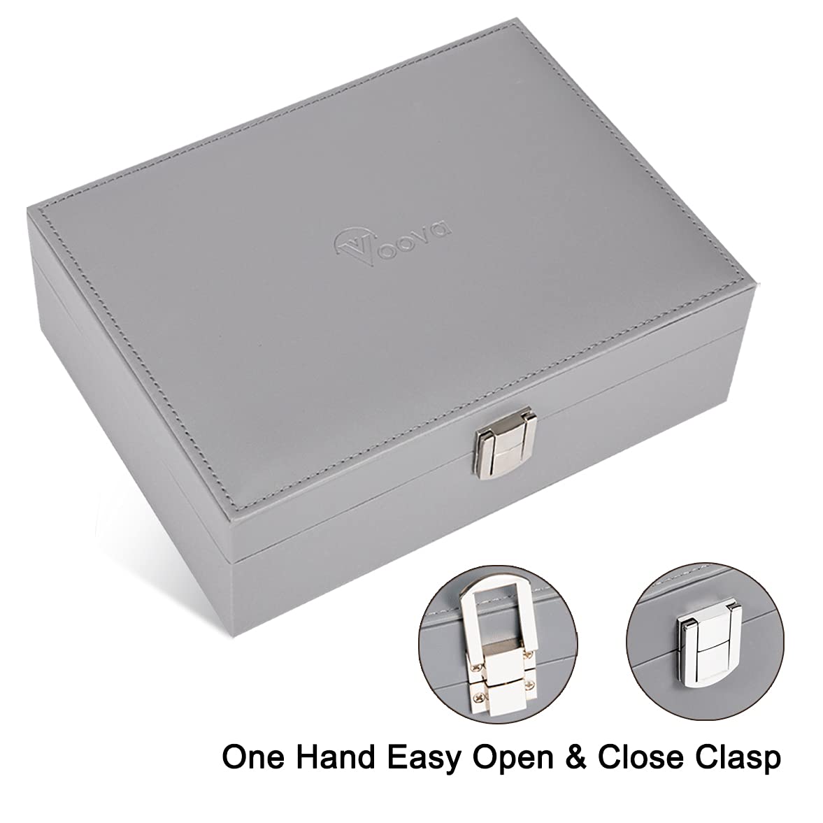 Voova Jewellery Box Organiser for Women Girls, 2 Layers Large Jewelry Storage Case, PU Leather jewlerrying Display Holder with Removable Tray for Necklace Earrings Rings Bracelets, Grey