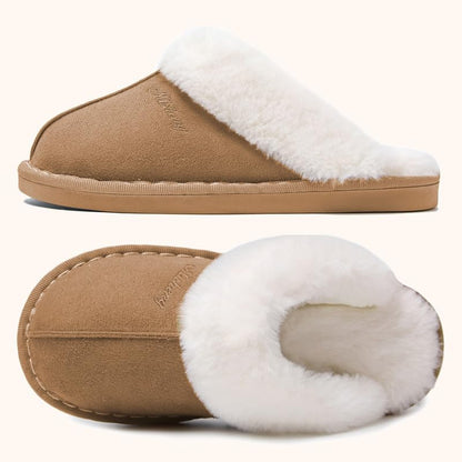 Misolin Womens Slipper Memory Foam Fluffy Slip-on House Suede Fur Lined/Anti-Skid Sole, Indoor & Outdoor Light Brown 5.5/6.5 UK, Light Brown