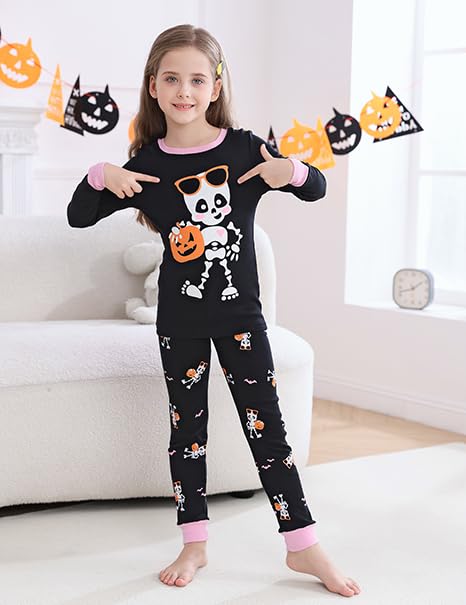 Benaive Halloween Pajamas for Girls Glow In Dark Holiday Pjs for Girl Cotton Pajama Sets 2 Pieces Kids Sleepwear Long Sleeves Size 10