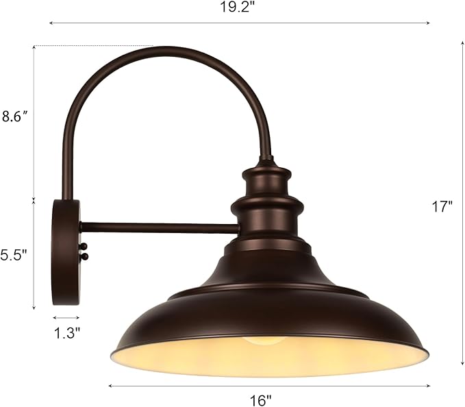 Outdoor Barn Light Fixtures, 16 Inch Large Dome Farmhouse Exterior Wall Mount Lights, Rustic Gooseneck Wall Sconces Indoor Wall Lighting, Industrial Bronze White Lanterns for Porch, 2 Pack