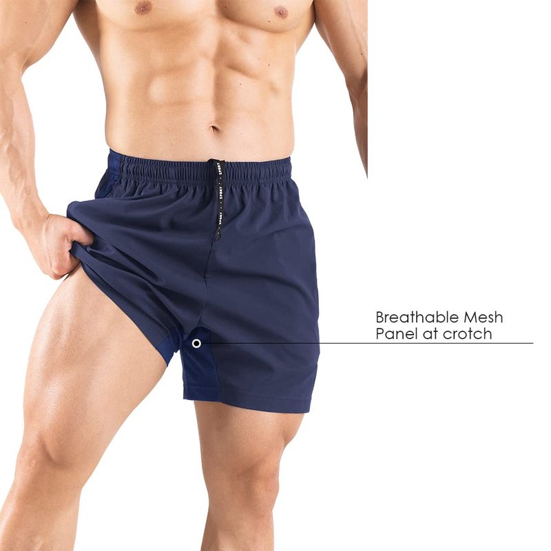 Gaglg Men's 5" Running Shorts 2 Pack Quick Dry Athletic Workout Gym Shorts with Zipper Pockets Navy/Green,Medium