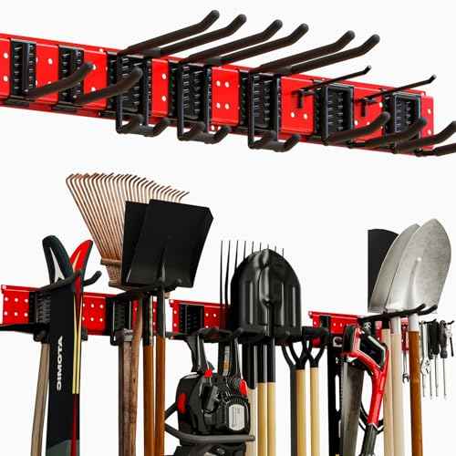 Garage Tool Organizer Wall Mount 49.5inch With 9 Hooks,Shovel Holder Wall Mount Ski Rck for Garage Garden Tool Rack Heavy Duty(Red)