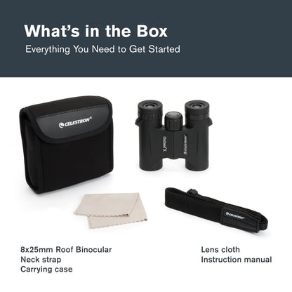 Celestron - Outland X 8x25 Binoculars – Ideal for Birding and Outdoors – 25mm Objective Lenses – Wide 8.2° Field of View – BaK-4 Prisms – Multi-Coated – Waterproof and Fogproof