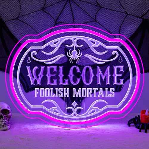 Welcome Foolish Mortals Neon Sign - Haunted Mansion LED Wall Decor for Halloween, Horror Parties & Themed Bars, USB-Powered with Adjustable Brightness, Spooky Flicker Effect