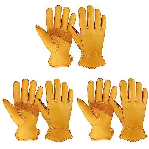 OZERO Leather Work Gloves for Men: 3 Pairs Cowhide Working Gloves Abrasion Resistant Driver Glove for Heavy Duty Yard Work DIY Women Gardening Glove Gold Large