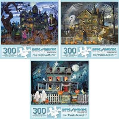 Bits and Pieces - Value Set of Three - 300 Piece Jigsaw Puzzles for Adults - Large Piece 300 pc Halloween Jigsaws by Artist Ruane Manning - 18” x 24”