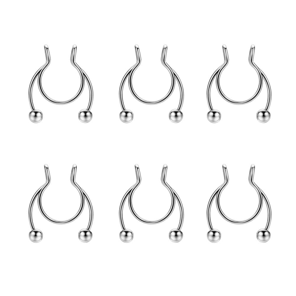 JOFUKIN 6pcs Silver Stainless Steel Fake Septum Nose Rings Flexible Non Pierced Fake Horseshoe Septum Piercing Clip On Nose Rings with Fixed Balls