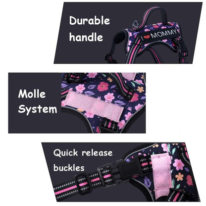 Foxyep Tactical Dog Harness,Working Dog MOLLE Vest with Handle for Medium Dogs No Pull Adjustable Pet Harness Reflective Strapwith Dog Leash Set(M,Blue Floral)