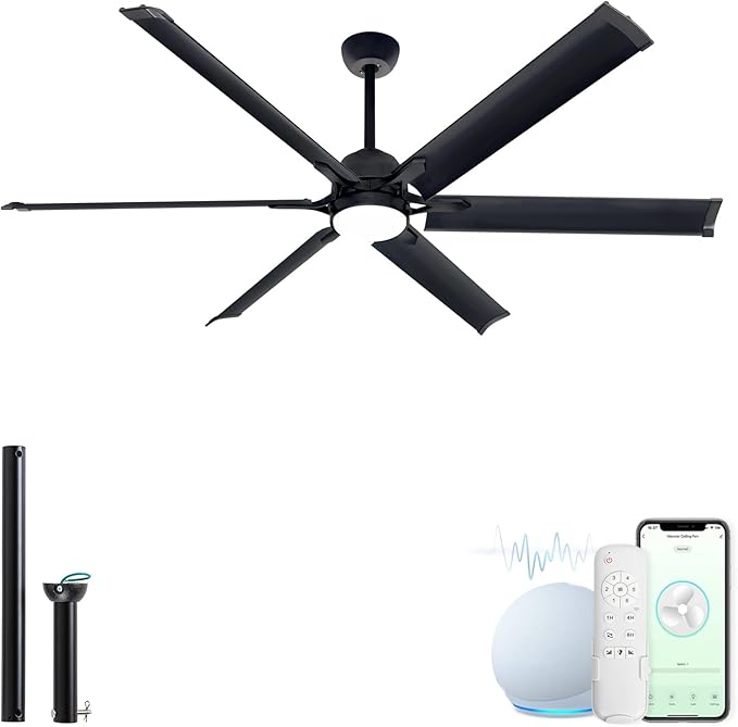 60 Inch Aluminum Blade Ceiling Fan with Light,Industrial Smart Fan Works with Alexa,Indoor Outdoor Metal Black Ceiling Fans for Patio Living Room or Bedroom with 6 Speed Reversible DC Motor,3CCTS