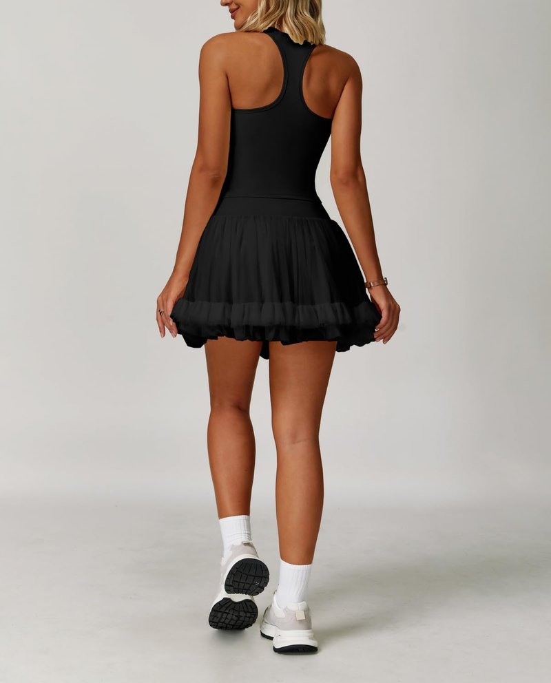 Women's Mesh Cake Mini Skirt High Waisted Tennis Skirts Sports Skater Skorts with Shorts Pockets Black S