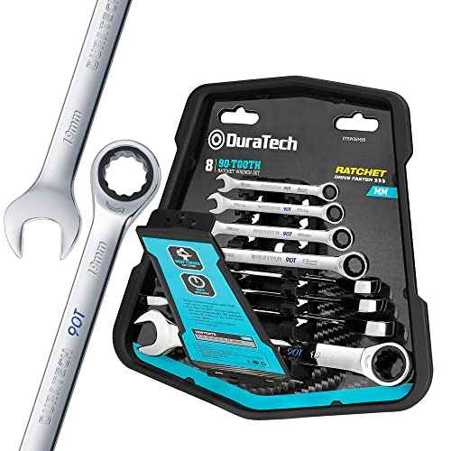 DURATECH 90-Tooth Ratcheting Wrench Set, Combination Wrench Set, 8-Piece, Metric, 8, 10, 12, 13, 14, 15, 17, 19mm, CR-V Steel, Organized in Wrench Rack