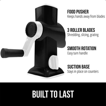 GORILLA GRIP Slip-Resistant Rotary Cheese Grater with 3 Interchangeable Blades to Shred Slice and Grate, Hand Crank Vegetable Chopper Mandolin, Slicer for Veggie Onion, Home and Kitchen Gadgets, White