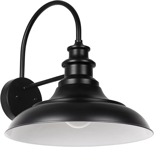 Outdoor Barn Light Fixture, 12.3 Inch Large Dome Farmhouse Exterior Wall Mount Light, Gooseneck Wall Sconce Indoor Wall Lighting Fixture, Industrial Black White Finish Lantern for Porch, RZ004 BK+WH