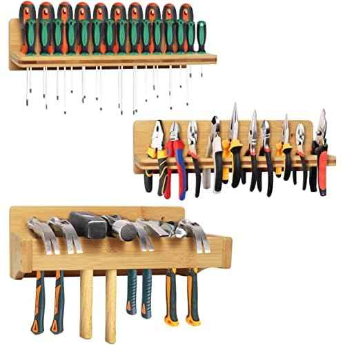 Wall Mounted Screwdriver Rack, Bamboo Pliers Holder Hammer Wall Rack Tools Storage for Garage Workshop - 3 Pack
