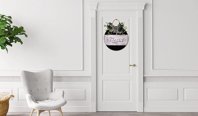 True Beauty Front Door Sign Funny Wreaths Hanging Wooden Plaque Decoration Round Rustic Wood Farmhouse Porch Decor for Home Front Door Decor, 11 x 11 Inch