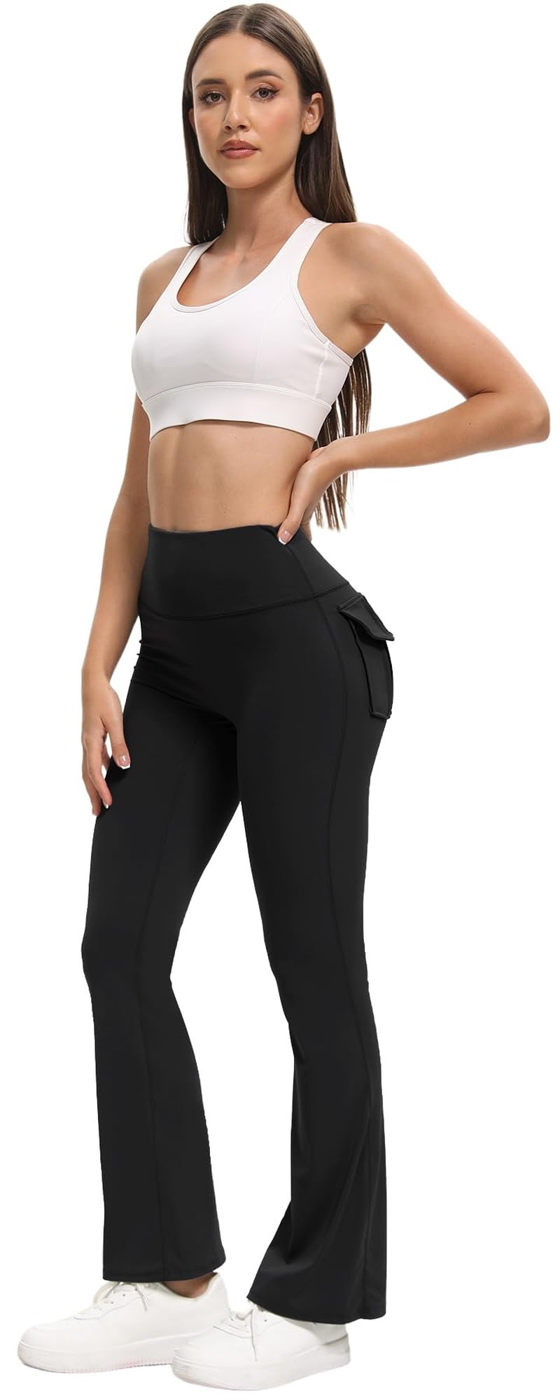Women's Flare Leggings with Pockets High Waisted Butt Lifting No Front Seam Tummy Control Bootcut Yoga Pants for Women Black