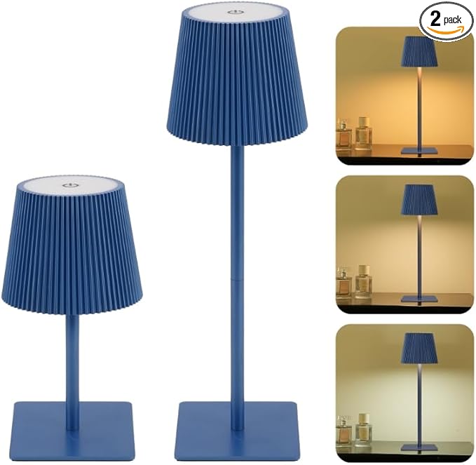 LUTEC 2 Pack Cordless Table Lamp,6000mAh Rechargeable Battery Operated Desk Lamp,Two Adjustable Heights,Waterproof, Touch Control & 3 Color Stepless Dimming for Restaurant/Bedroom/Bars/Outdoor (Blue)